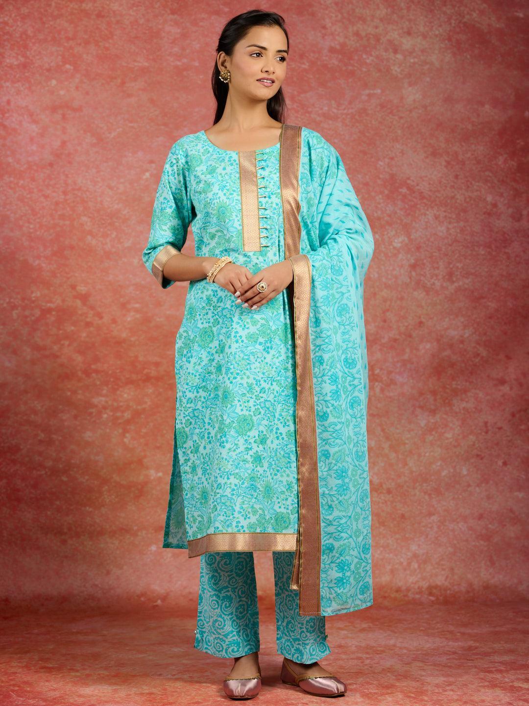 Blue Printed Cotton Straight Suit With Dupatta