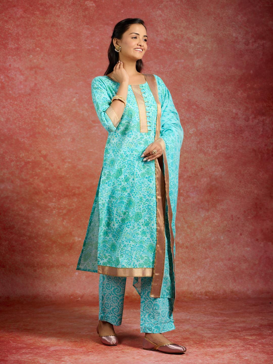 Blue Printed Cotton Straight Suit With Dupatta