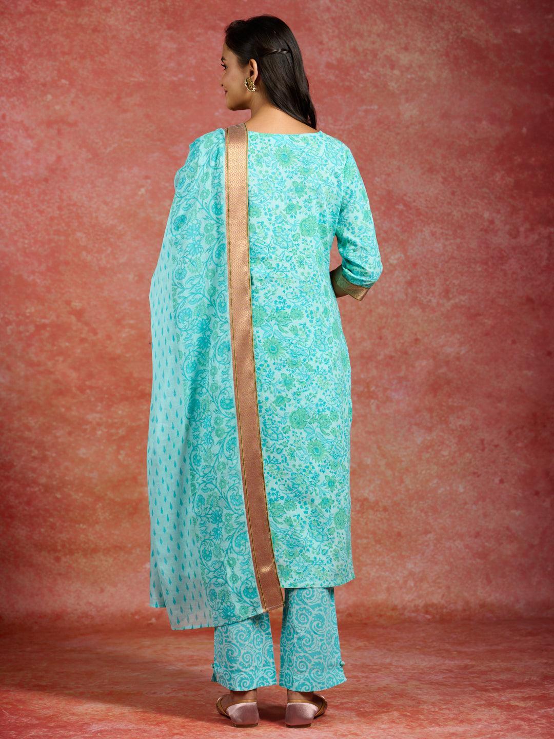 Blue Printed Cotton Straight Suit With Dupatta