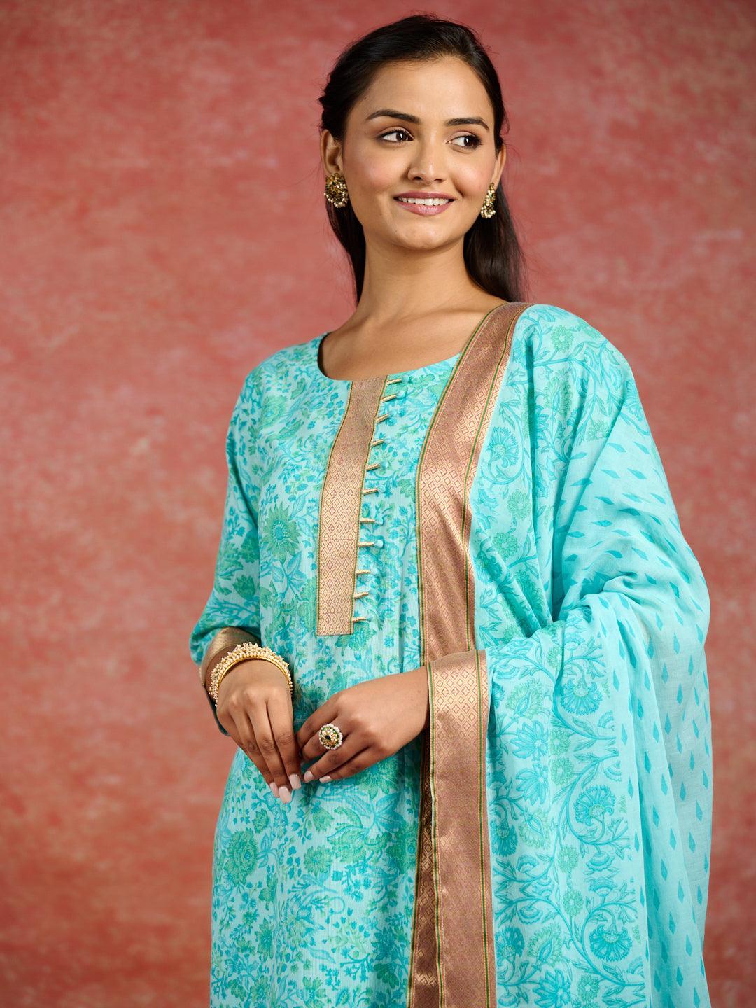 Blue Printed Cotton Straight Suit With Dupatta