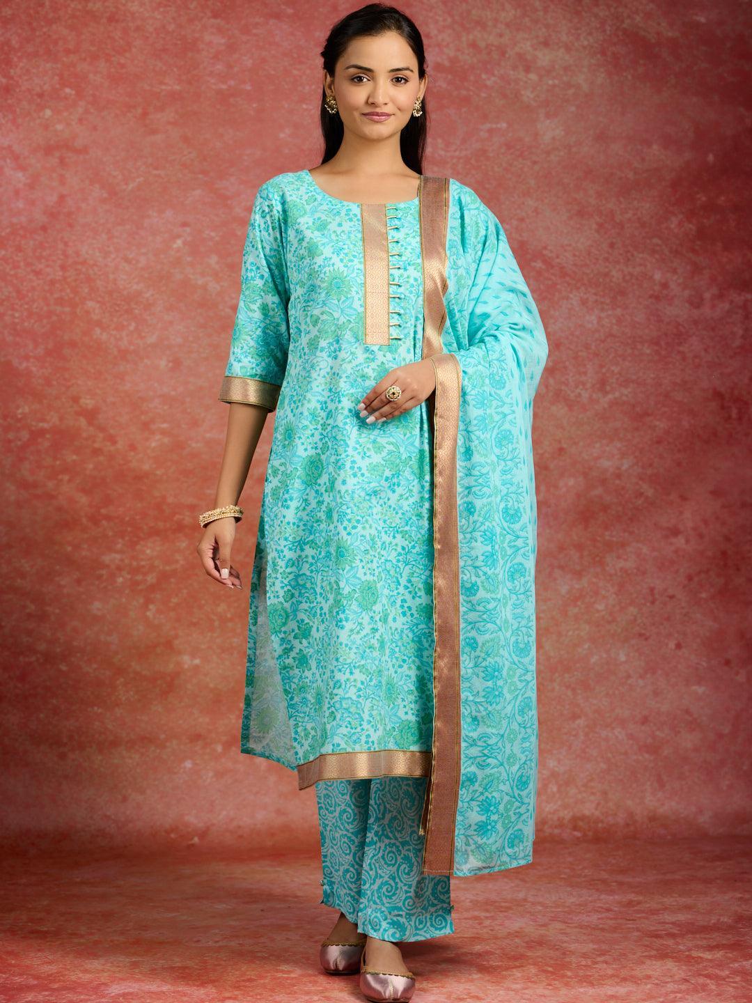 Blue Printed Cotton Straight Suit With Dupatta