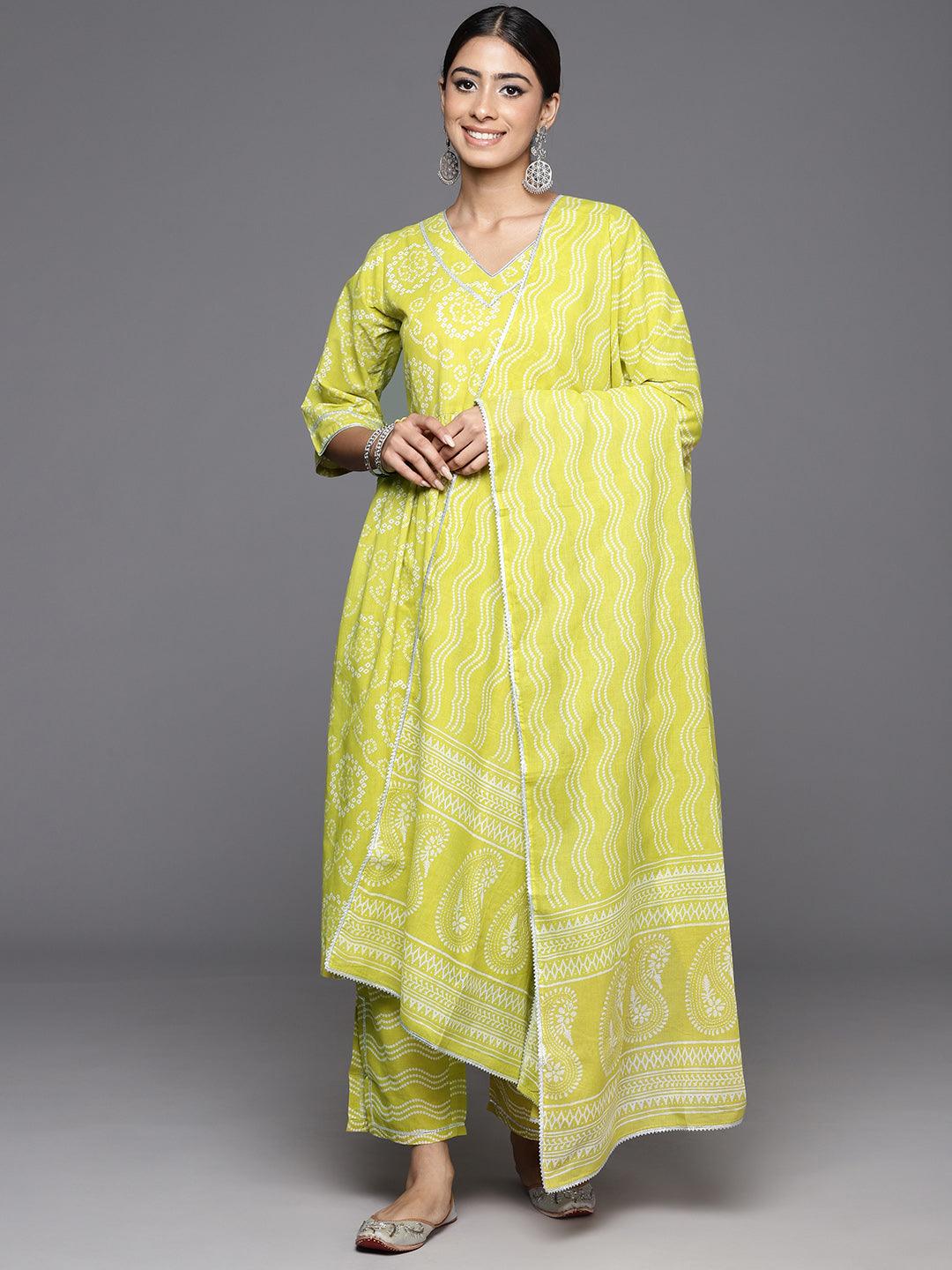 Green Printed Cotton A-Line Kurta With Trousers & Dupatta