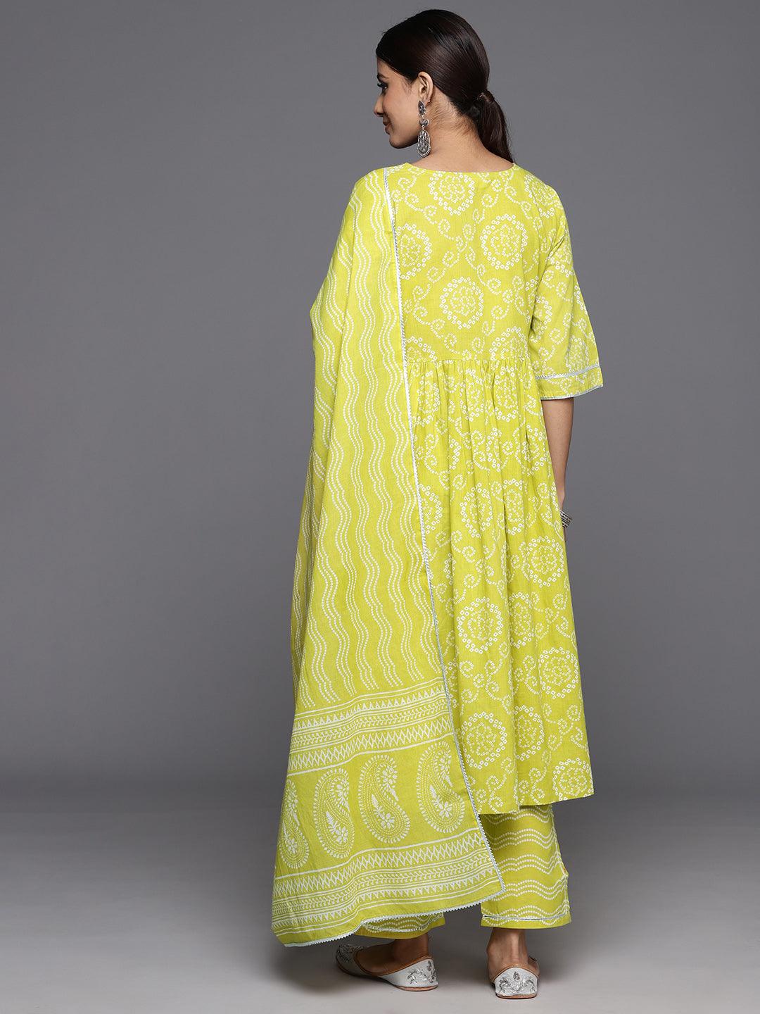 Green Printed Cotton A-Line Kurta With Trousers & Dupatta