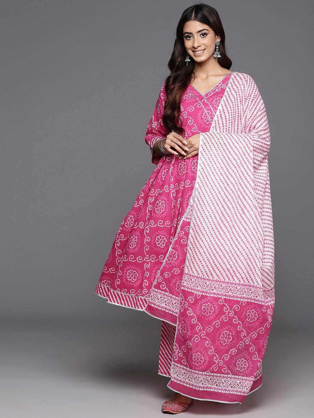 Pink Printed Cotton A-Line Kurta With Trousers & Dupatta