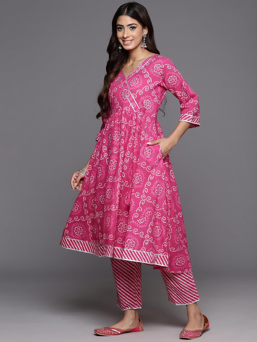 Pink Printed Cotton A-Line Kurta With Trousers & Dupatta - ShopLibas