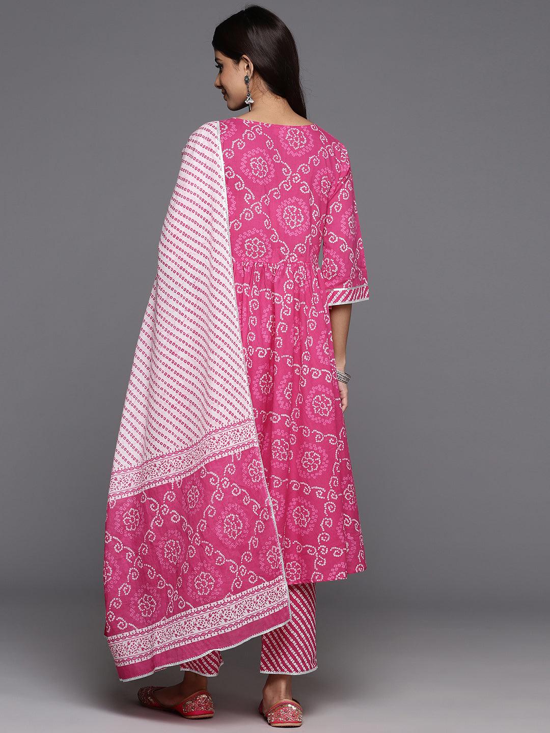 Pink Printed Cotton A-Line Kurta With Trousers & Dupatta - ShopLibas