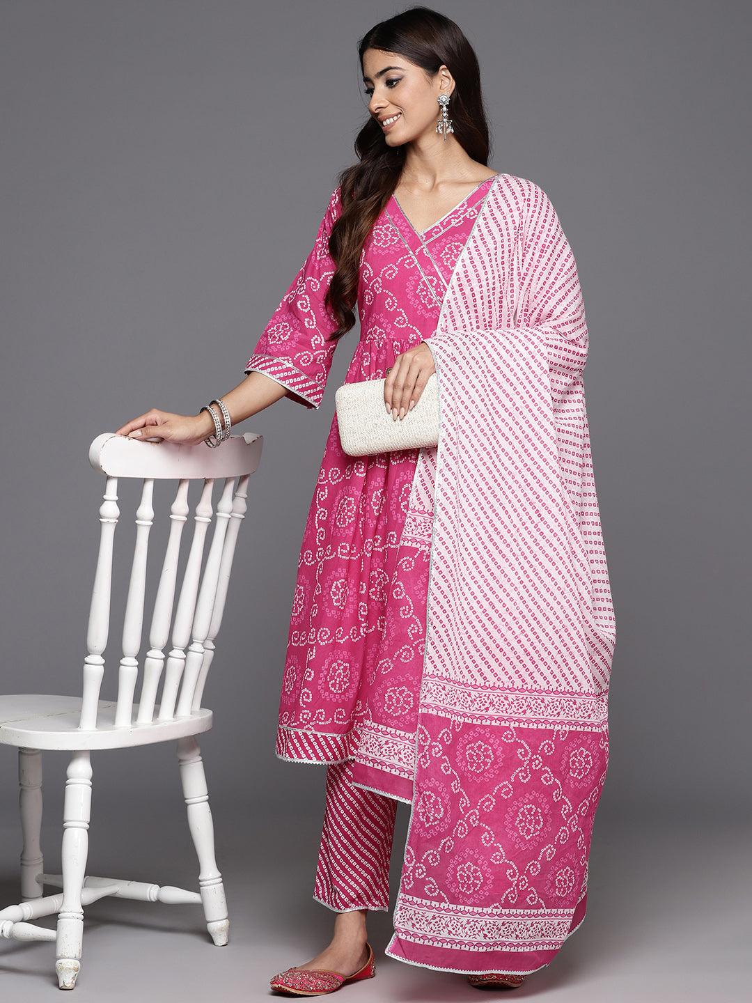 Pink Printed Cotton A-Line Kurta With Trousers & Dupatta - ShopLibas