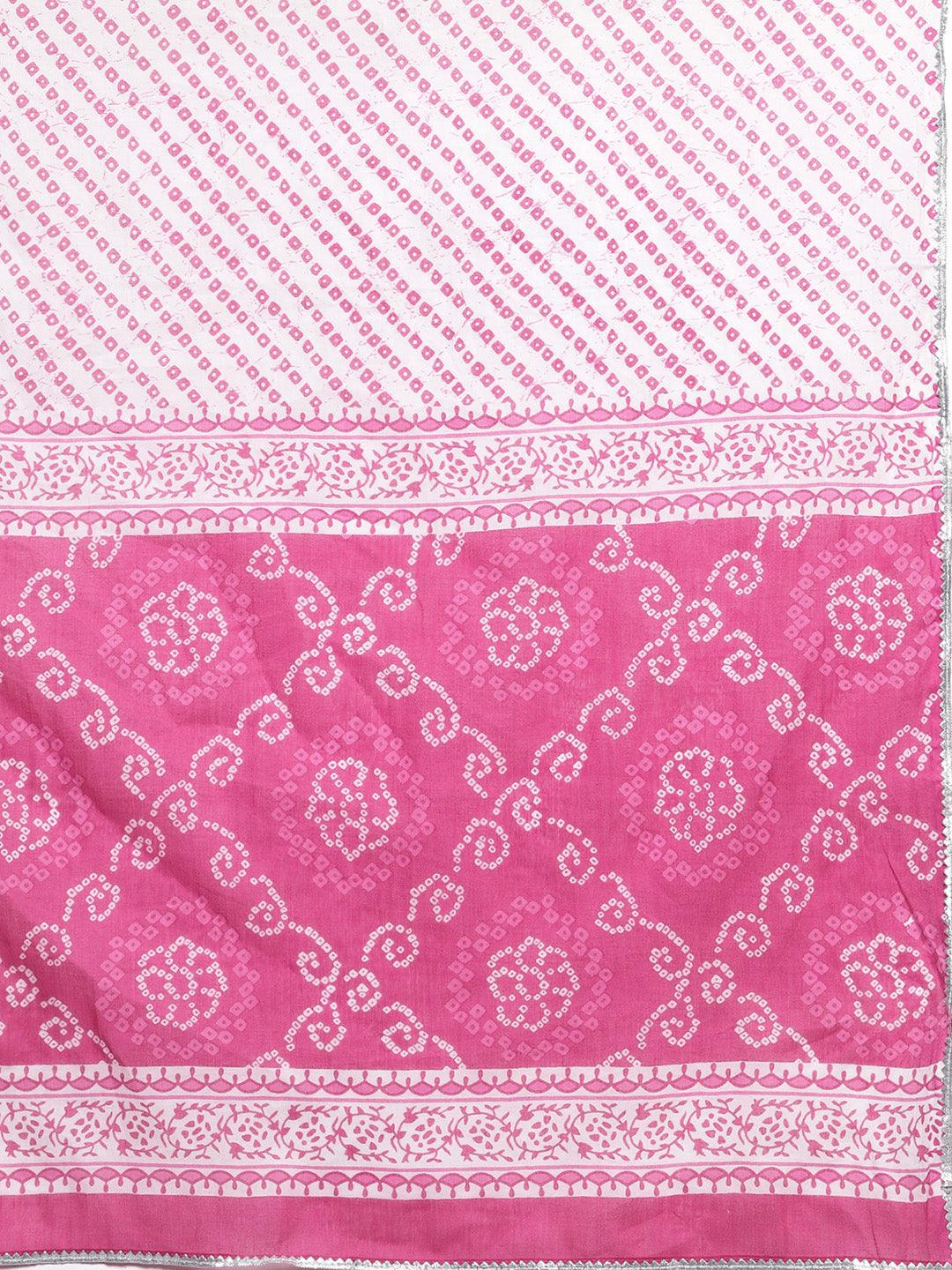 Pink Printed Cotton A-Line Kurta With Trousers & Dupatta