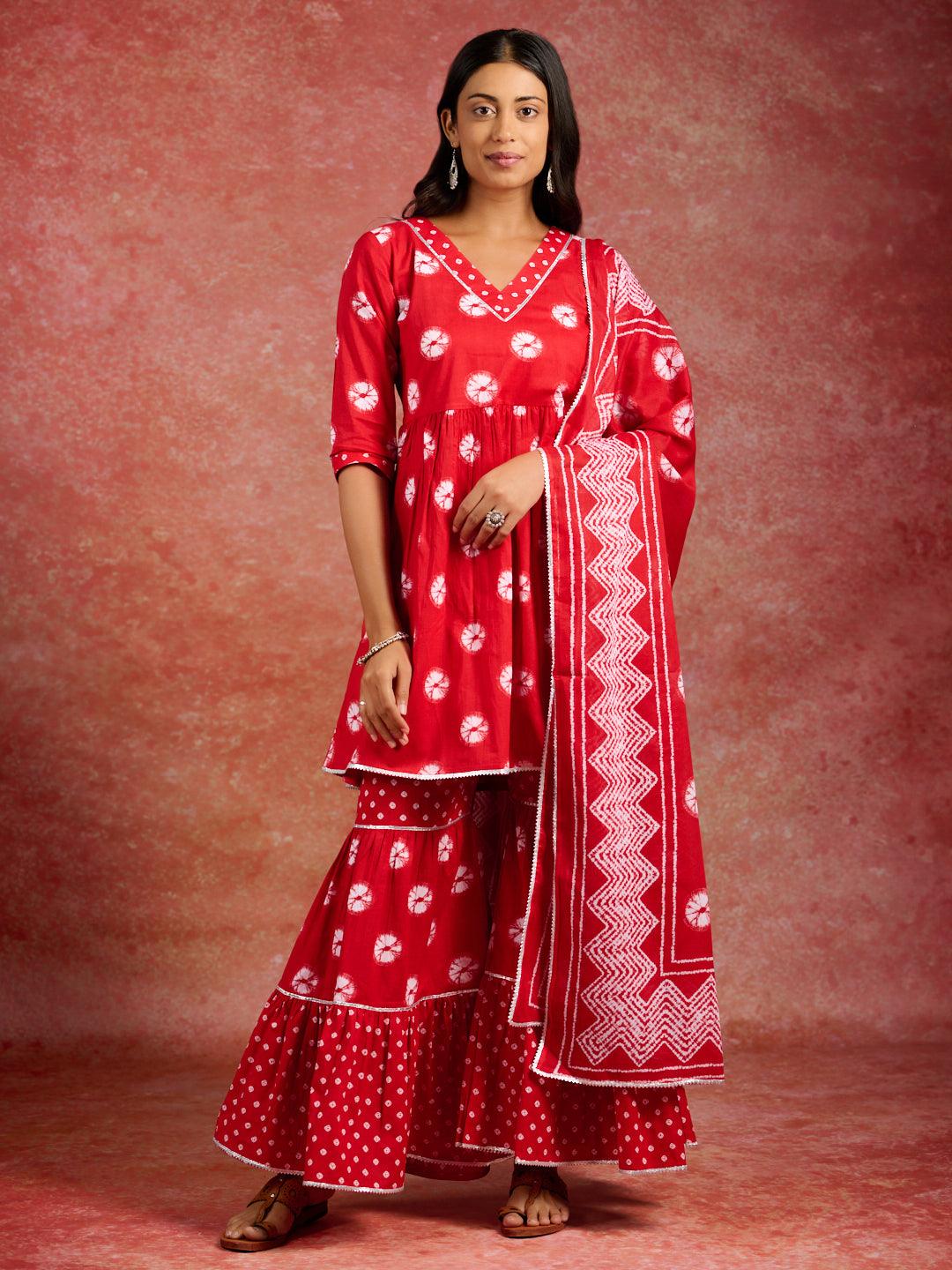 Red Printed Cotton A-Line Kurti With Sharara & Dupatta