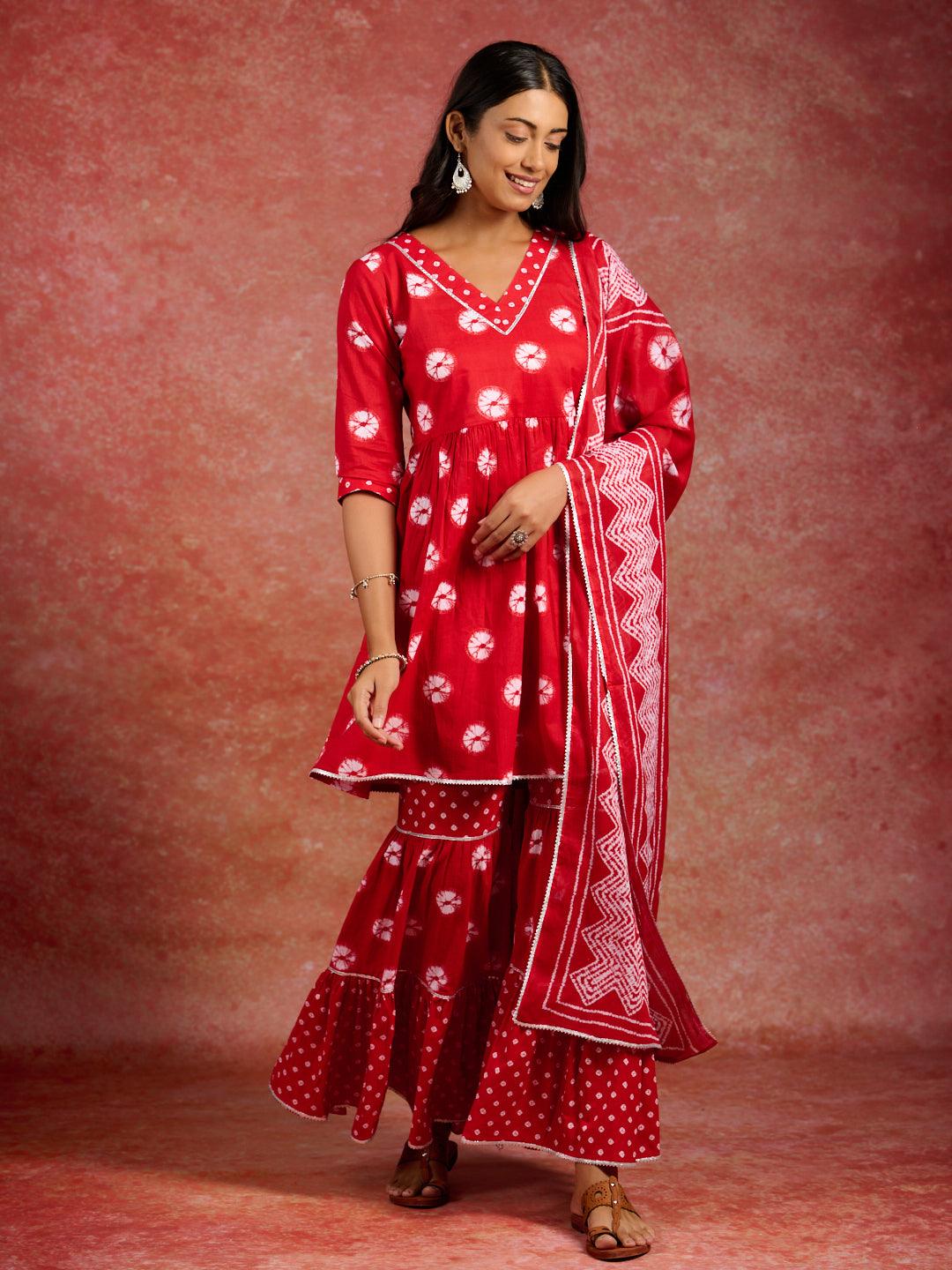 Red Printed Cotton A-Line Kurti With Sharara & Dupatta