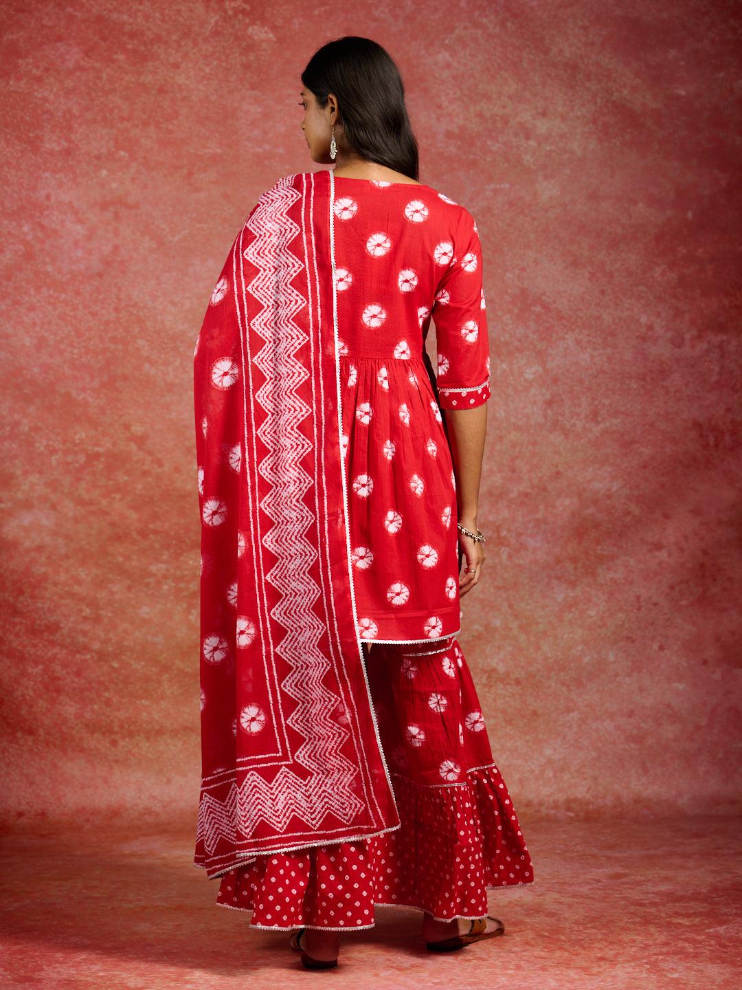 Red Printed Cotton A-Line Kurti With Sharara & Dupatta