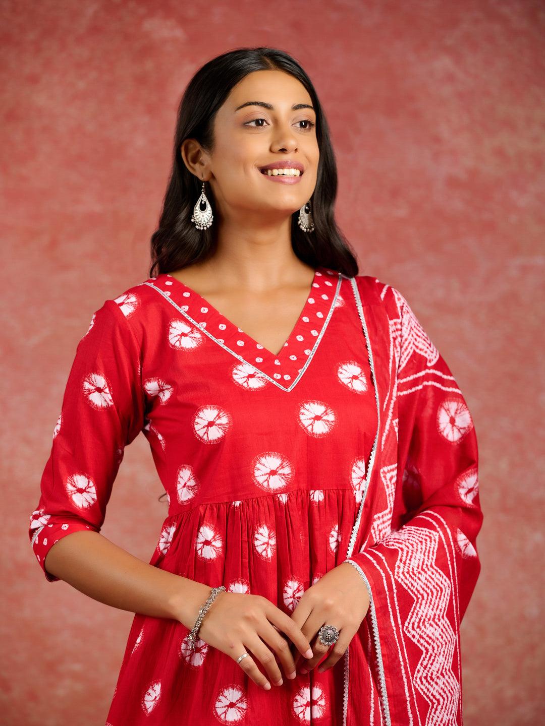 Red Printed Cotton A-Line Kurti With Sharara & Dupatta