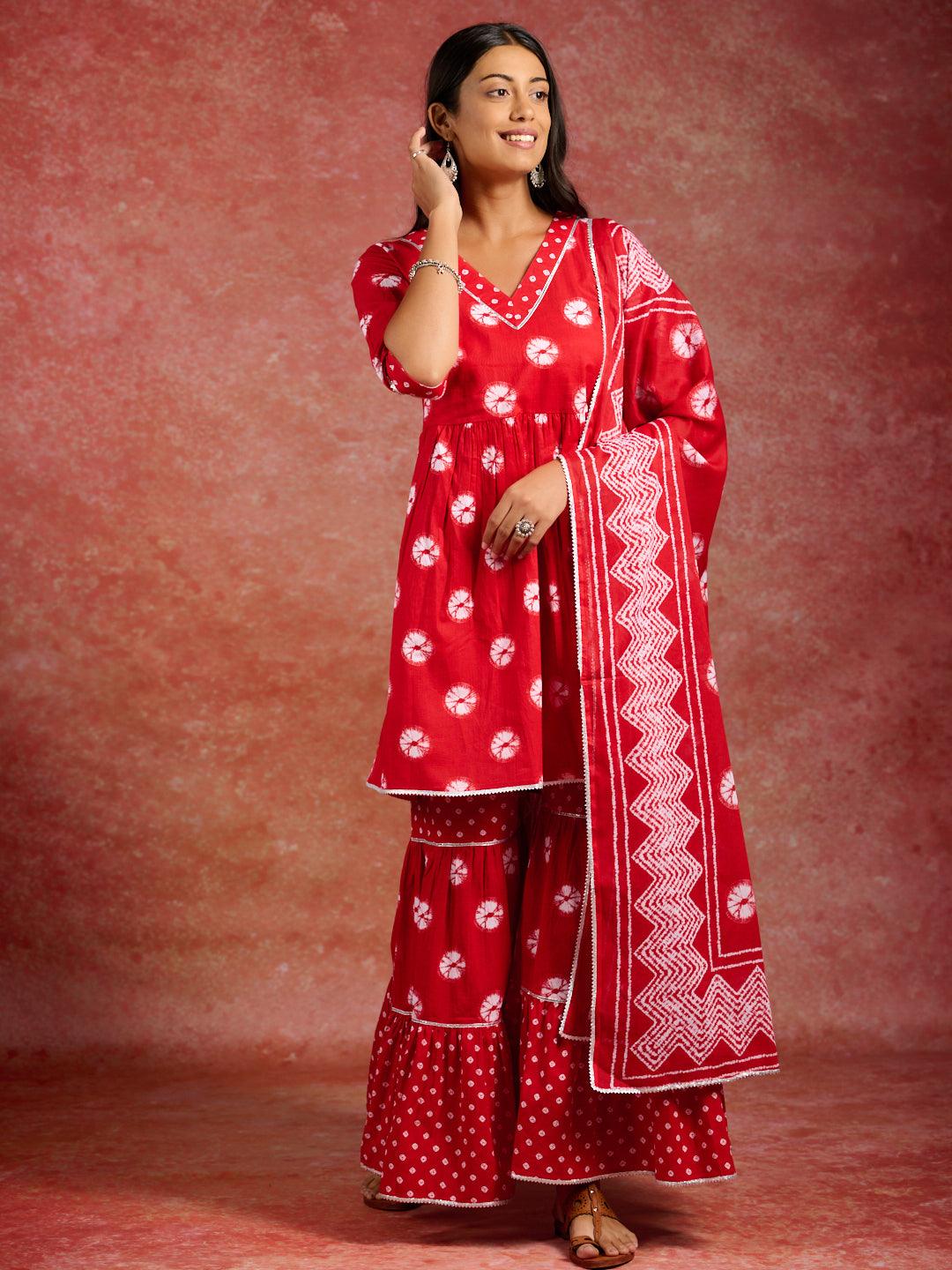 Red Printed Cotton A-Line Kurti With Sharara & Dupatta