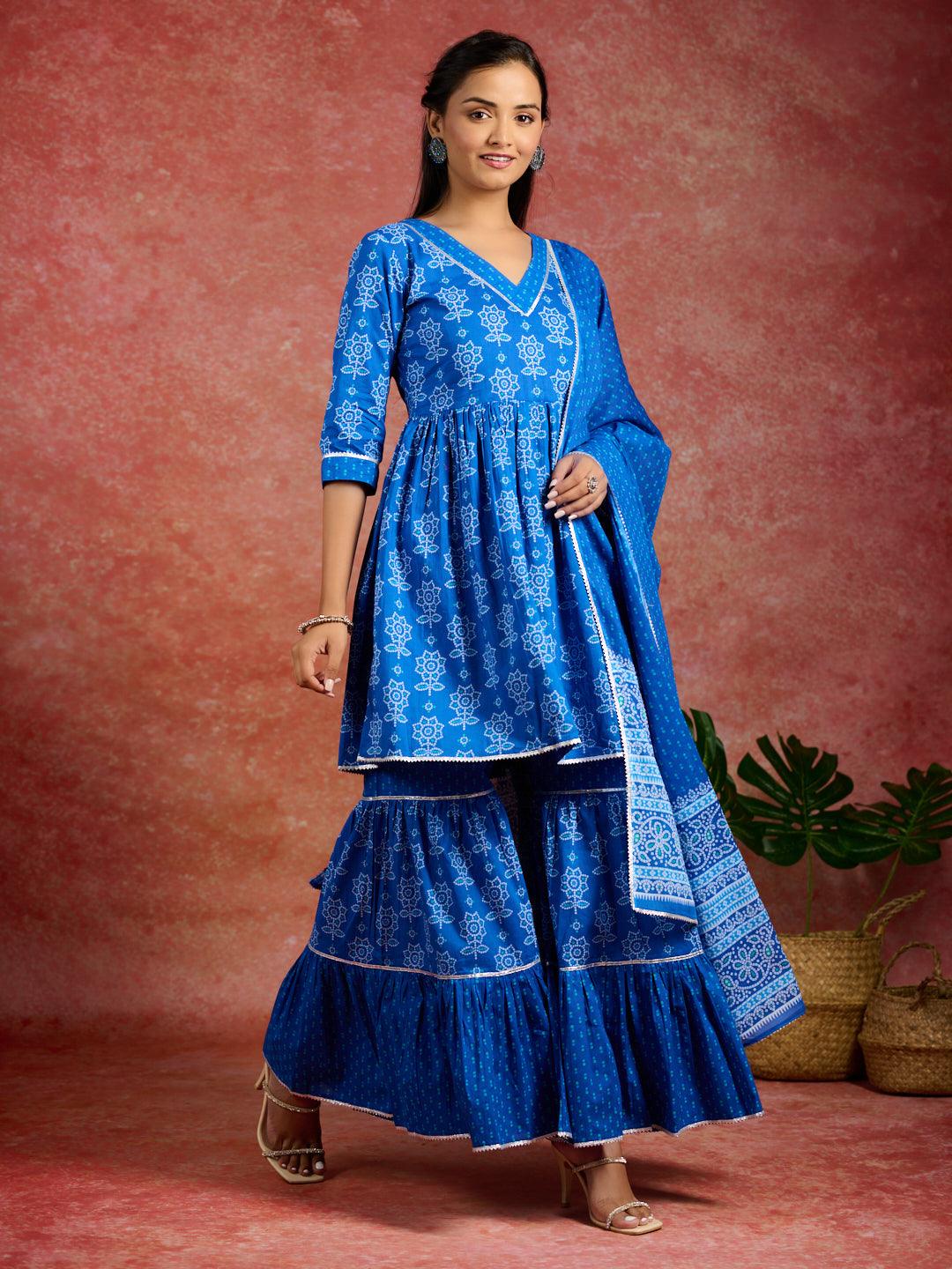 Blue Printed Cotton A-Line Kurti With Sharara & Dupatta