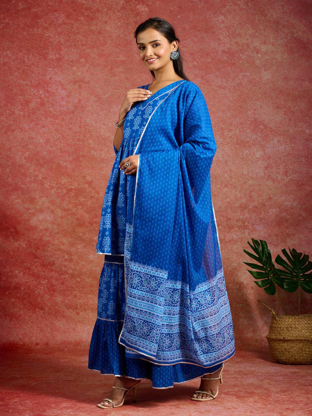 Blue Printed Cotton A-Line Kurti With Sharara & Dupatta