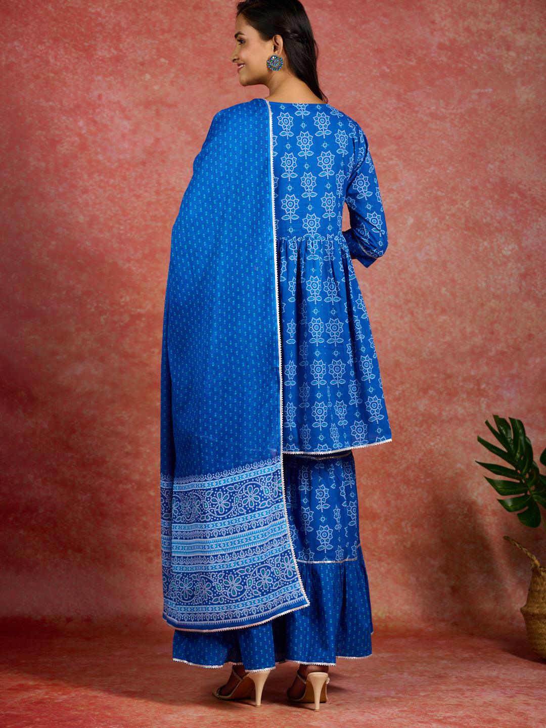 Blue Printed Cotton A-Line Kurti With Sharara & Dupatta