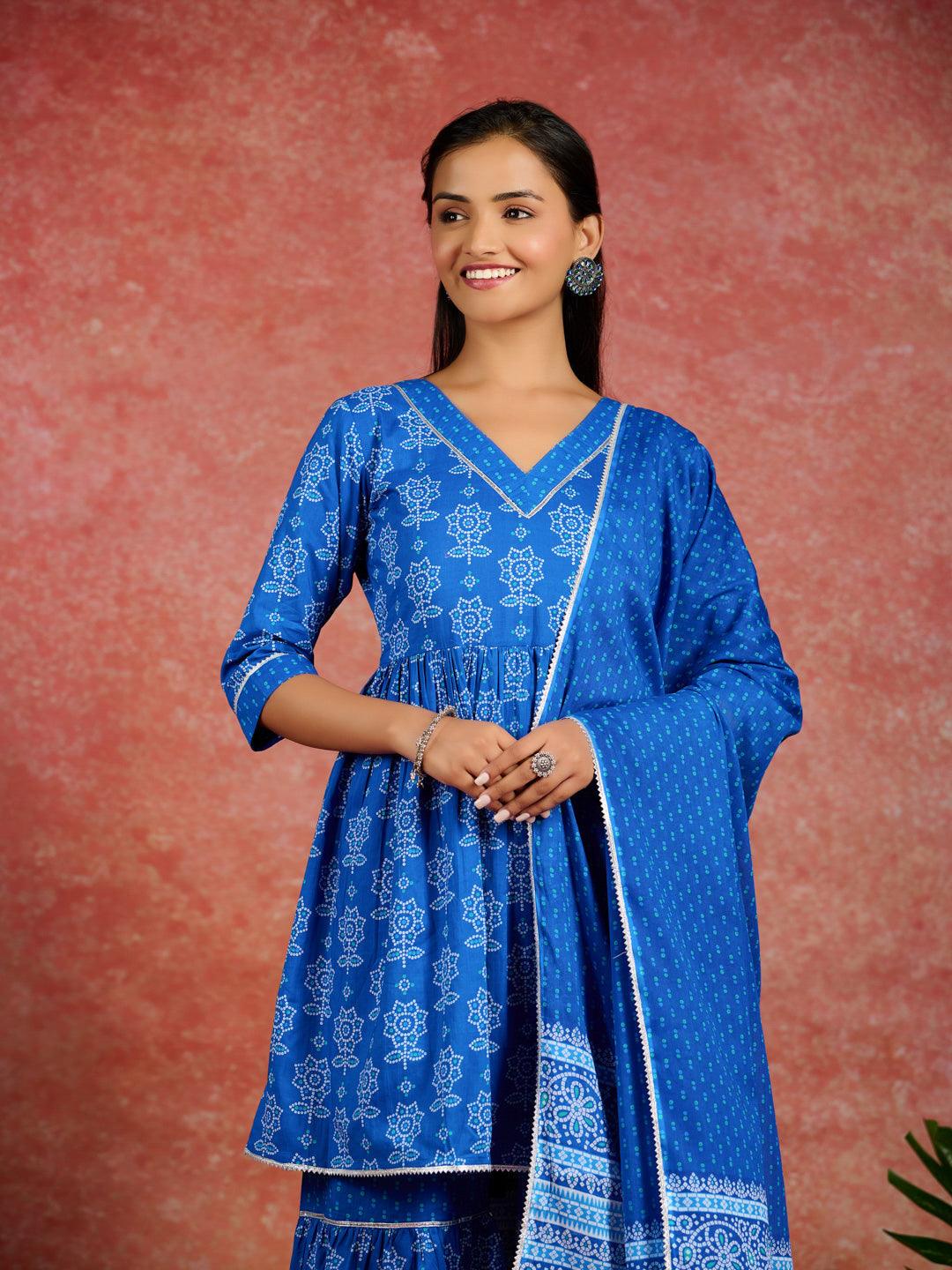 Blue Printed Cotton A-Line Kurti With Sharara & Dupatta