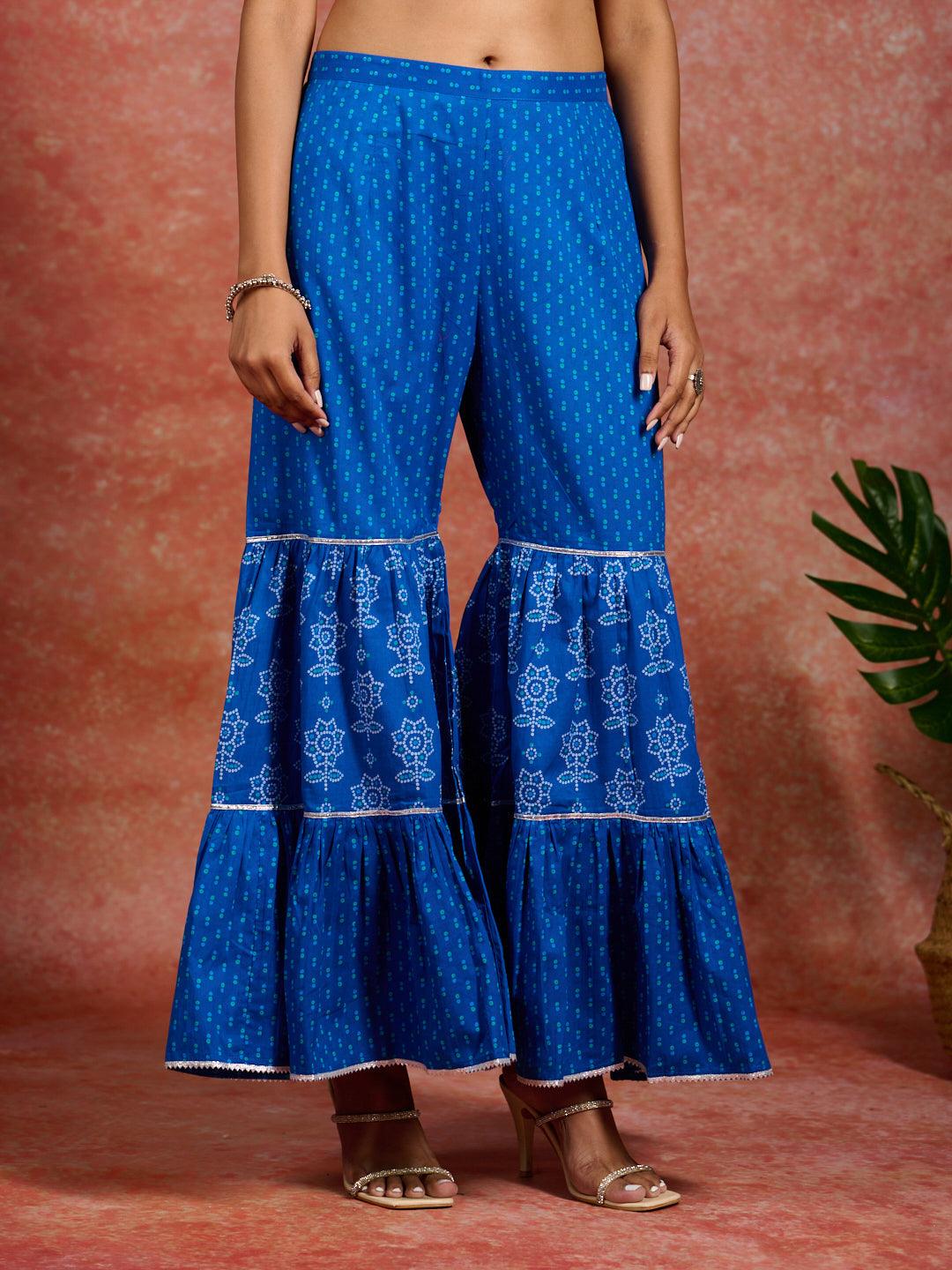 Blue Printed Cotton A-Line Kurti With Sharara & Dupatta