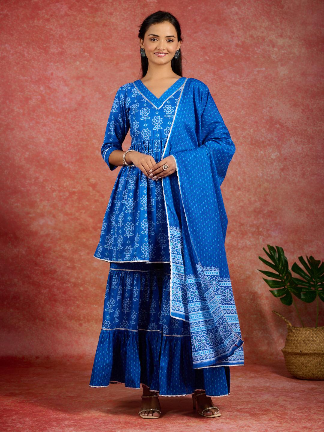 Blue Printed Cotton A-Line Kurti With Sharara & Dupatta