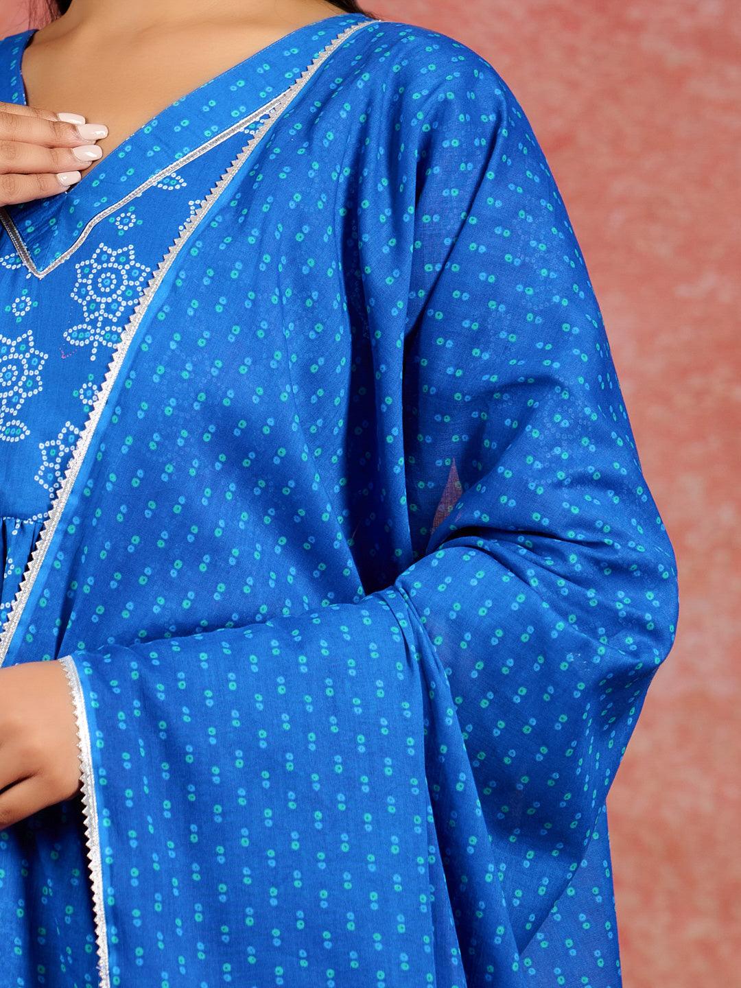 Blue Printed Cotton A-Line Kurti With Sharara & Dupatta