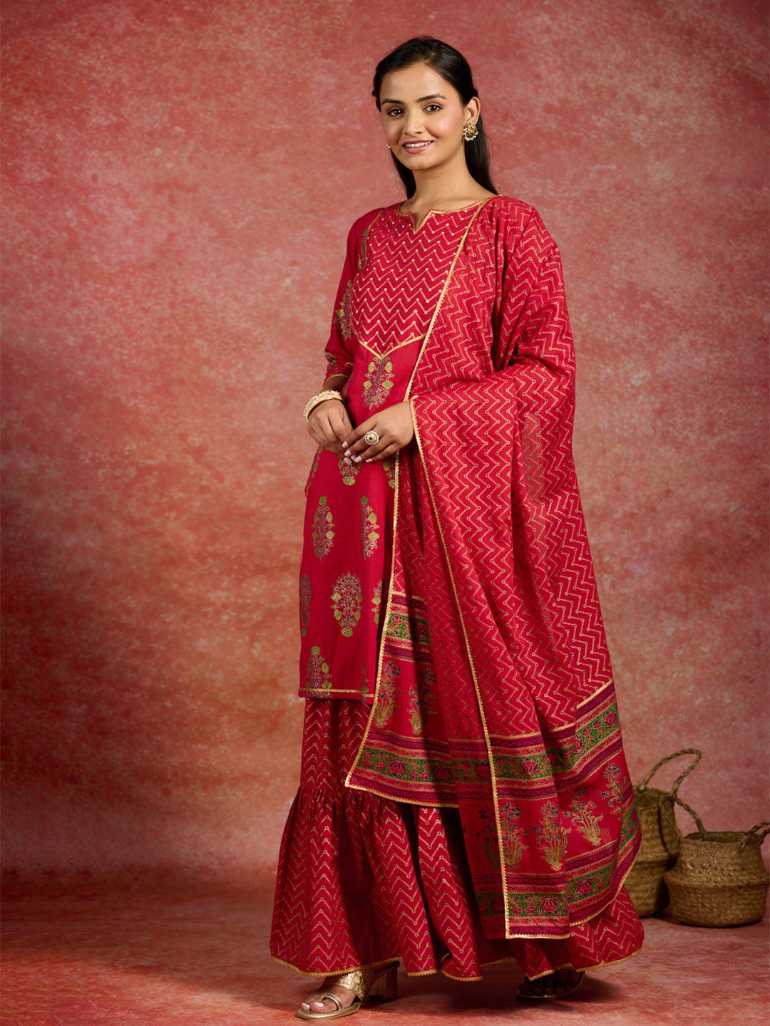 Red Printed Cotton Straight Kurta With Skirt & Dupatta - ShopLibas