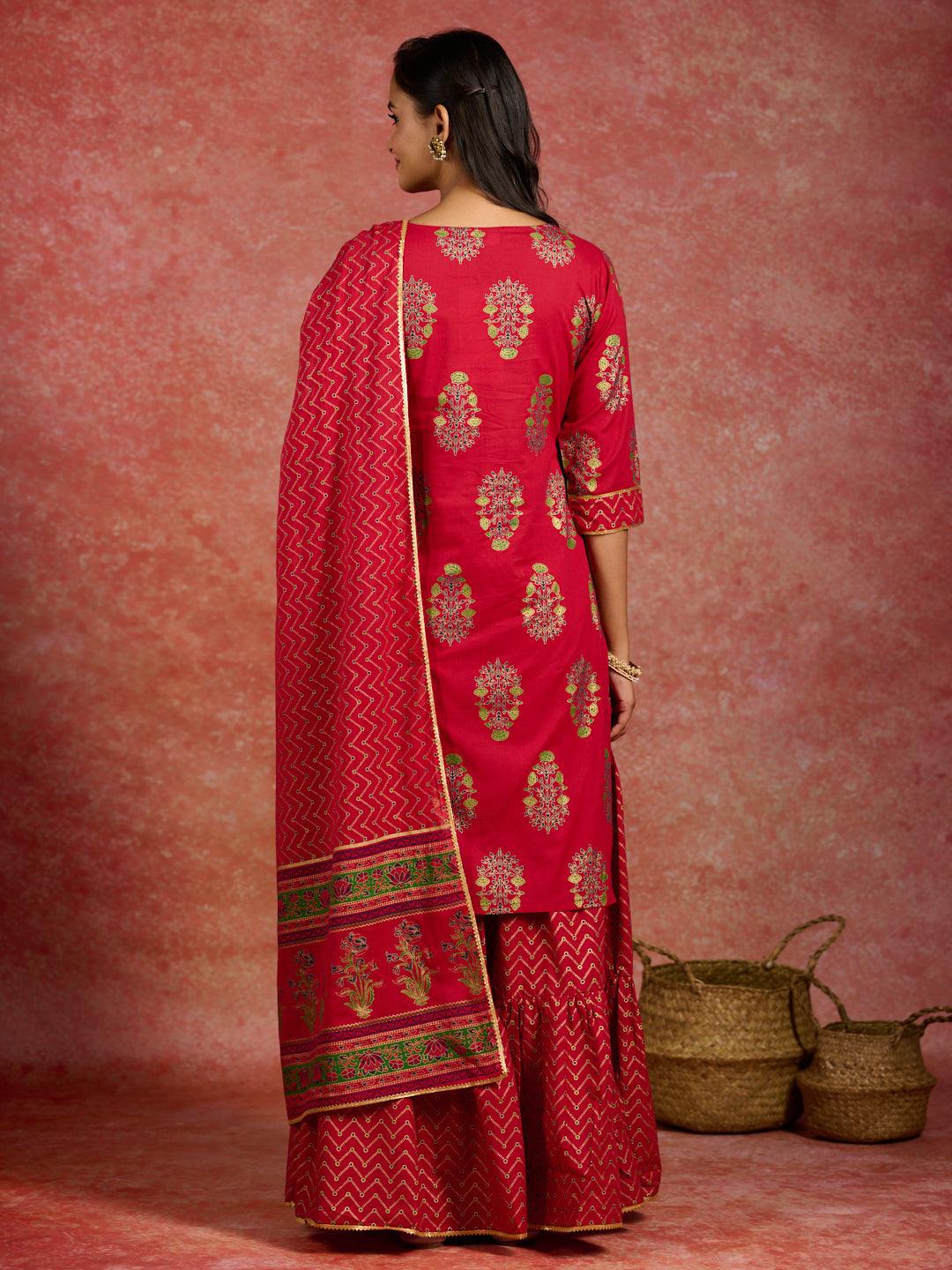 Red Printed Cotton Straight Kurta With Skirt & Dupatta - ShopLibas