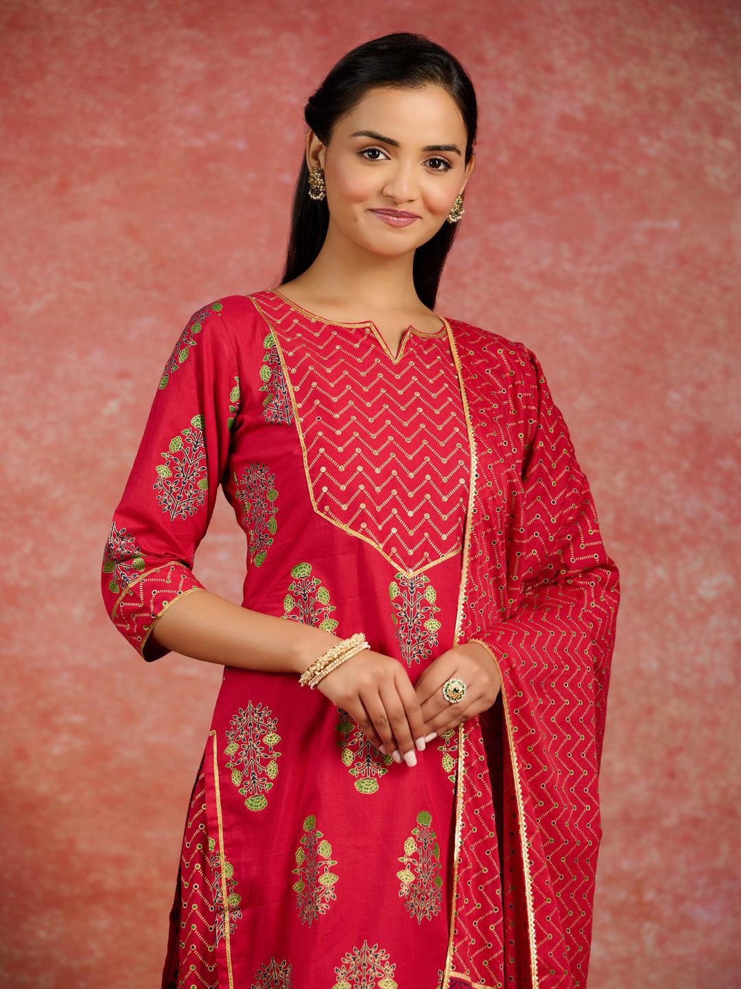 Red Printed Cotton Straight Kurta With Skirt & Dupatta - ShopLibas