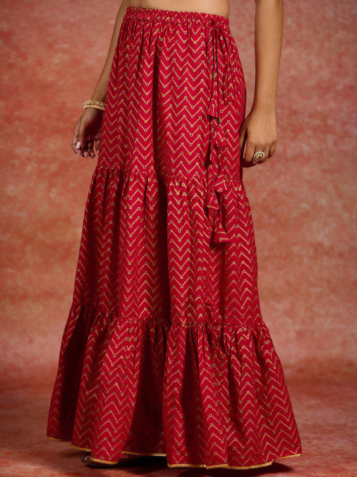 Red Printed Cotton Straight Kurta With Skirt & Dupatta - ShopLibas