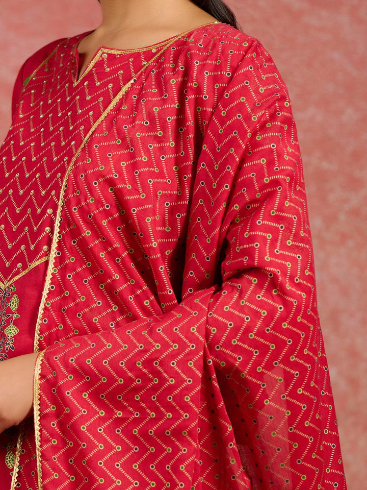 Red Printed Cotton Straight Kurta With Skirt & Dupatta - ShopLibas