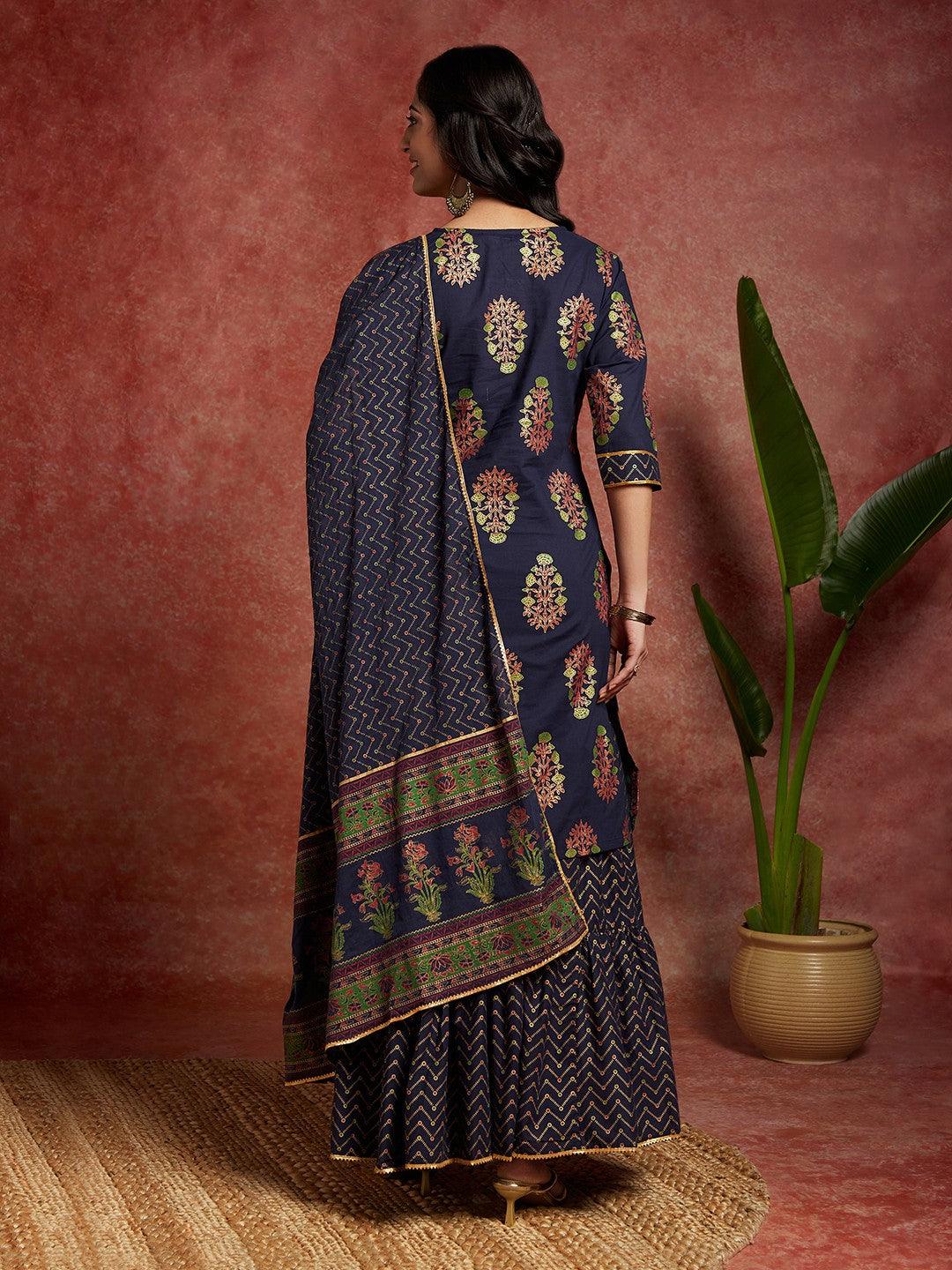 Blue Printed Cotton Straight Suit With Dupatta