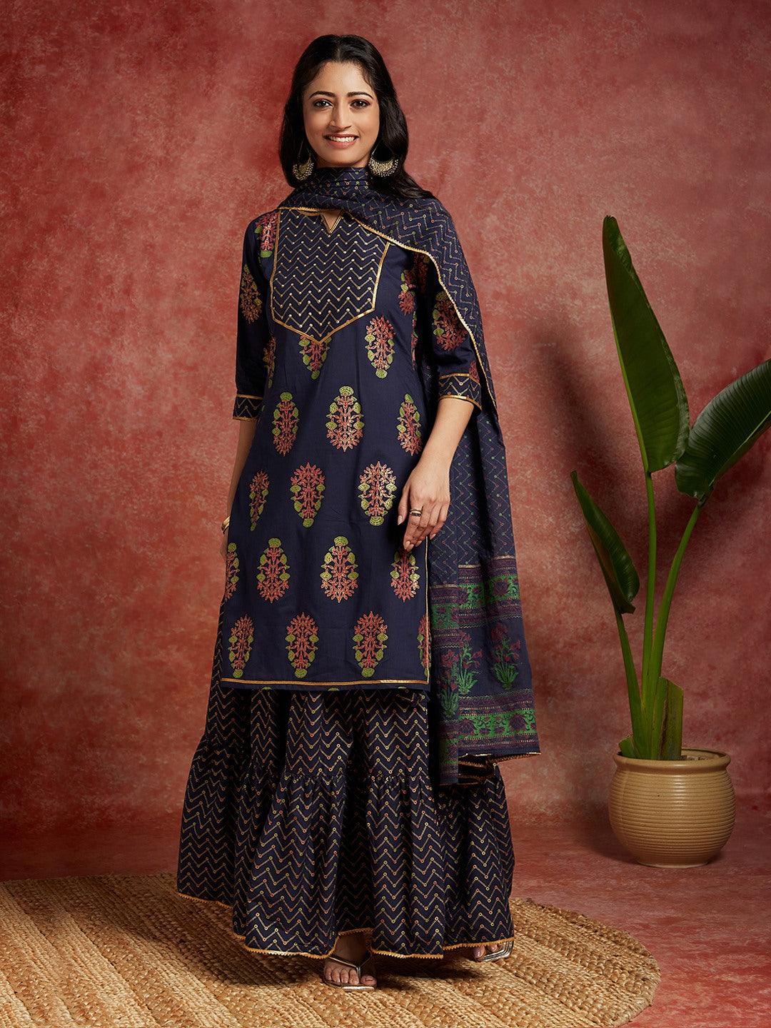 Blue Printed Cotton Straight Suit With Dupatta