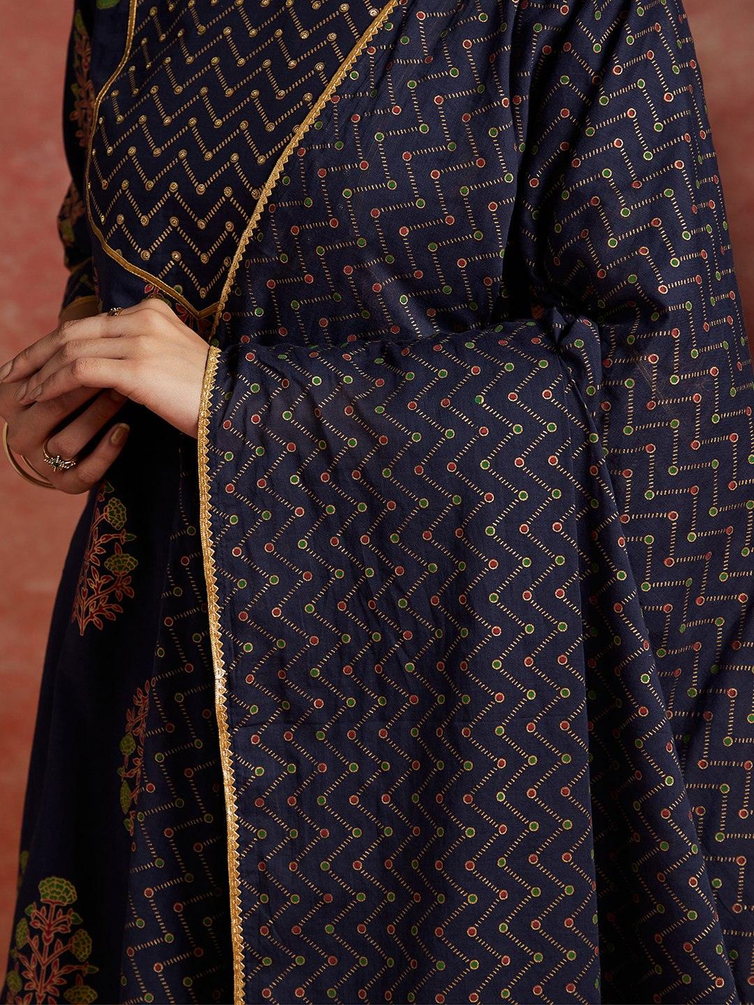 Blue Printed Cotton Straight Suit With Dupatta