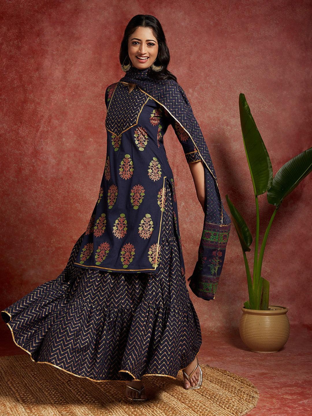 Blue Printed Cotton Straight Suit With Dupatta