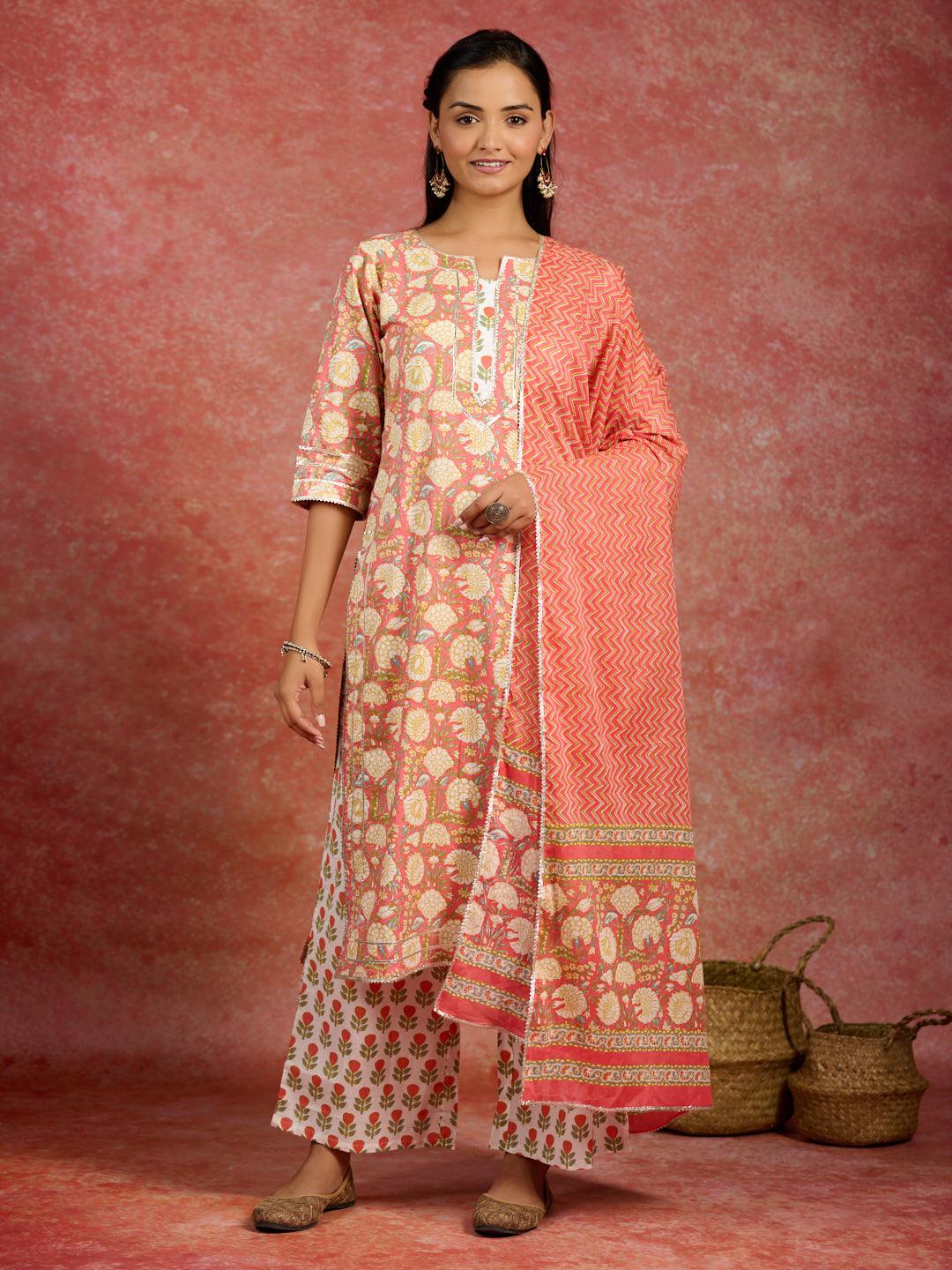 Peach Printed Cotton Straight Kurta With Palazzos & Dupatta - ShopLibas