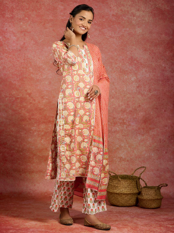 Peach Printed Cotton Straight Kurta With Palazzos & Dupatta - ShopLibas