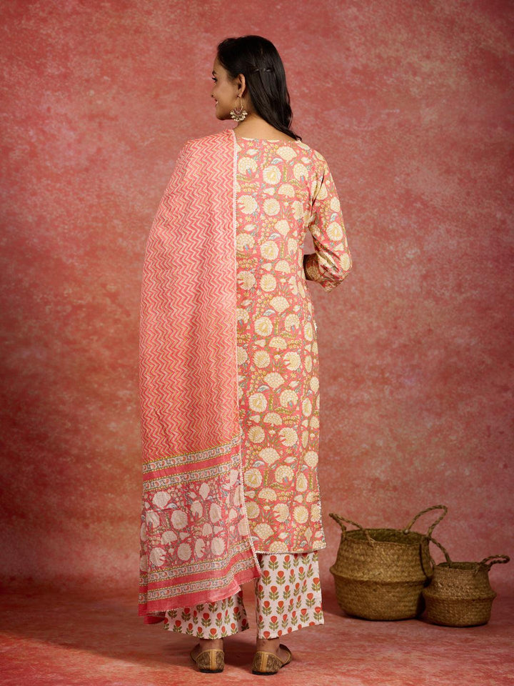 Peach Printed Cotton Straight Kurta With Palazzos & Dupatta - ShopLibas