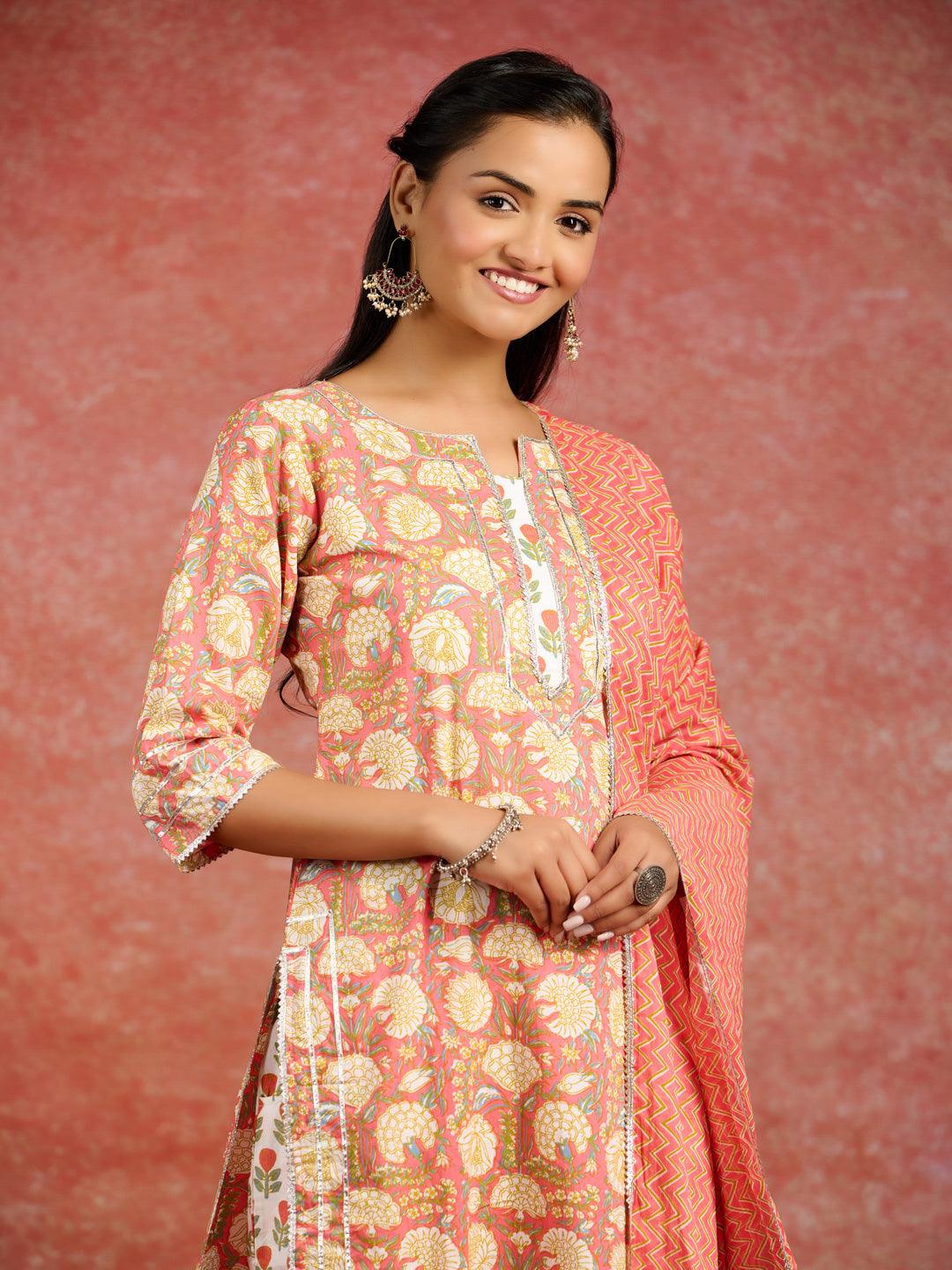 Peach Printed Cotton Straight Kurta With Palazzos & Dupatta - ShopLibas