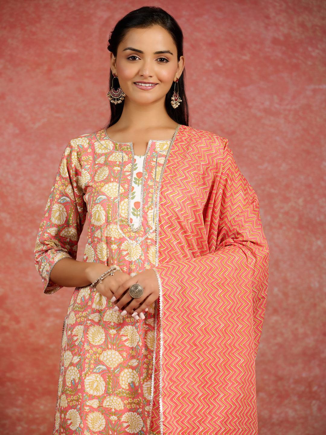 Peach Printed Cotton Straight Kurta With Palazzos & Dupatta - ShopLibas