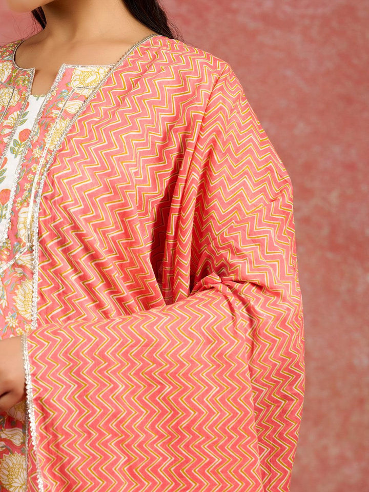 Peach Printed Cotton Straight Kurta With Palazzos & Dupatta - ShopLibas