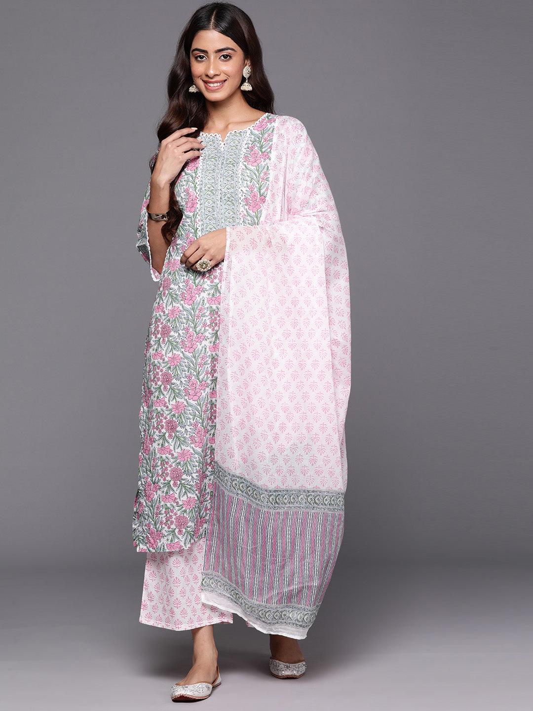 Pink Printed Cotton Straight Suit With Dupatta