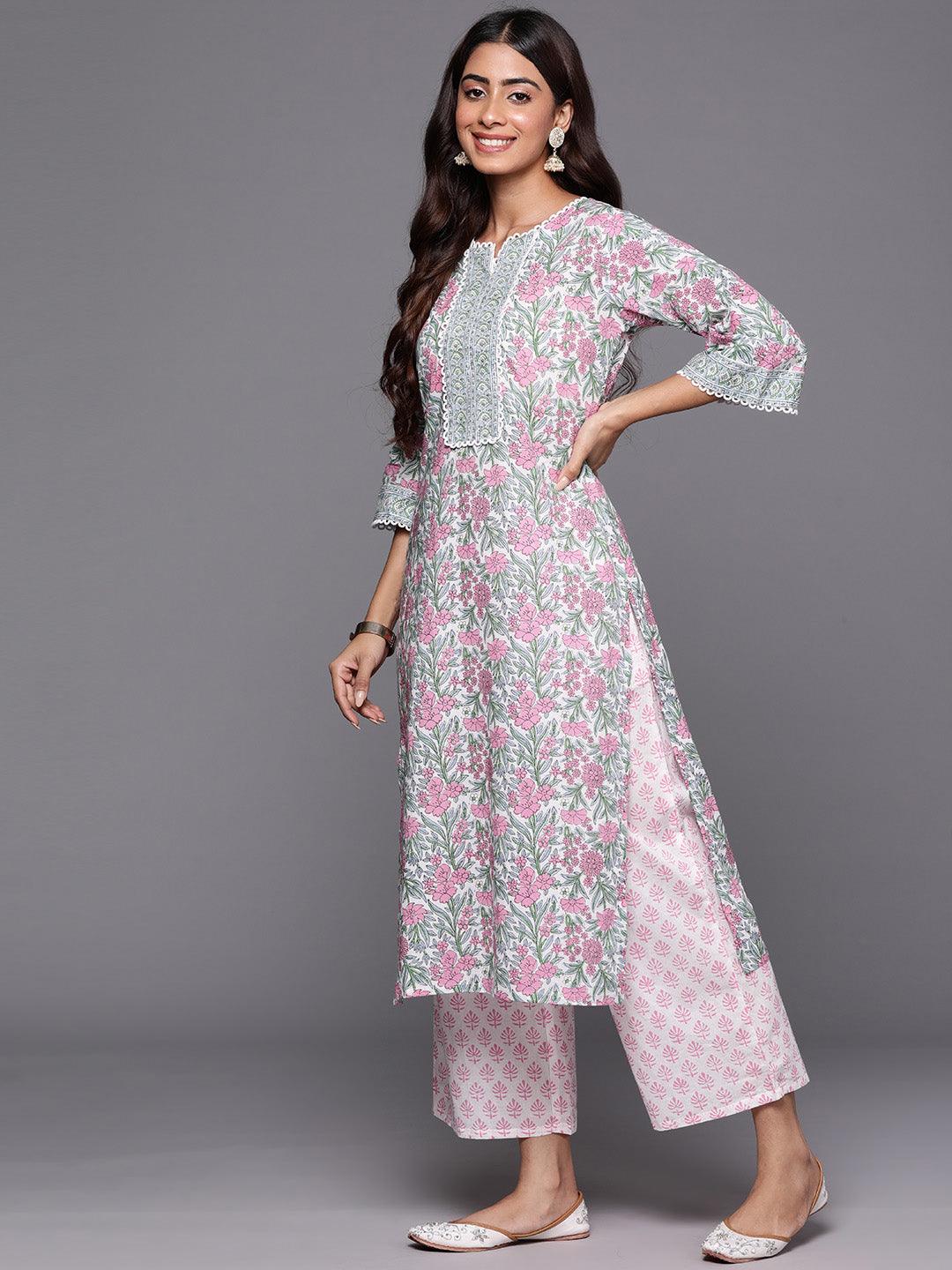 Pink Printed Cotton Straight Suit With Dupatta