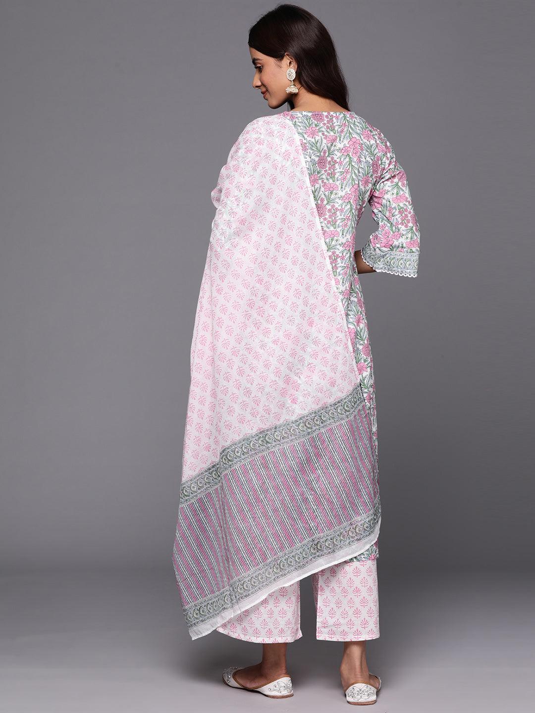 Pink Printed Cotton Straight Suit With Dupatta