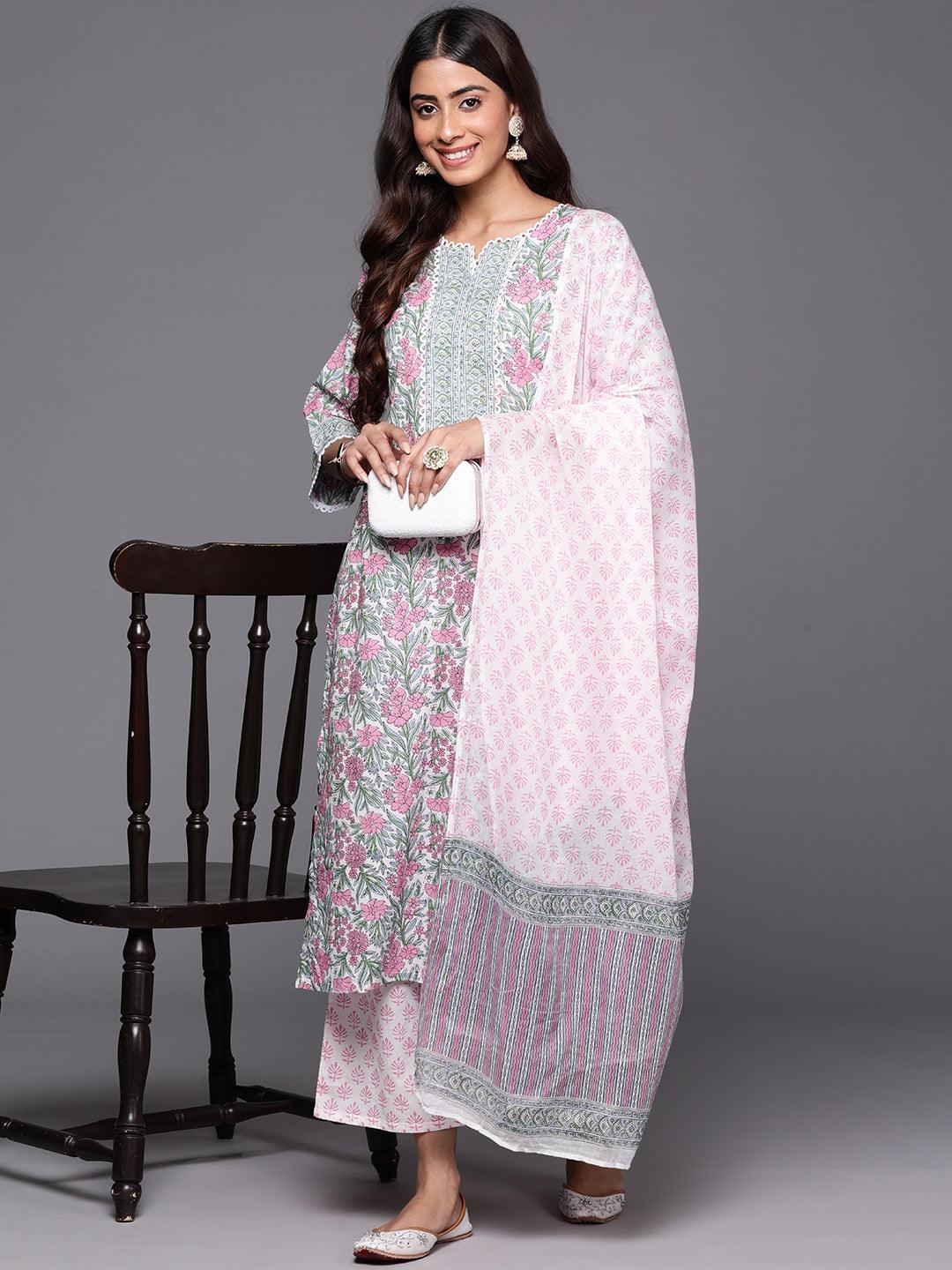 Pink Printed Cotton Straight Suit With Dupatta