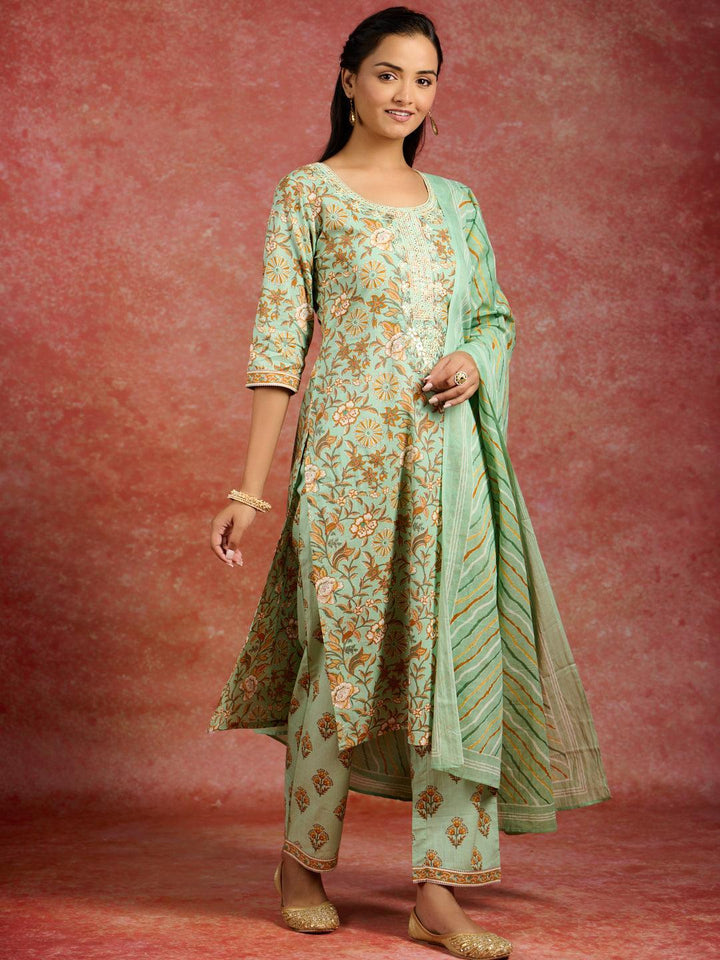 Green Printed Cotton Straight Kurta With Trousers & Dupatta - ShopLibas