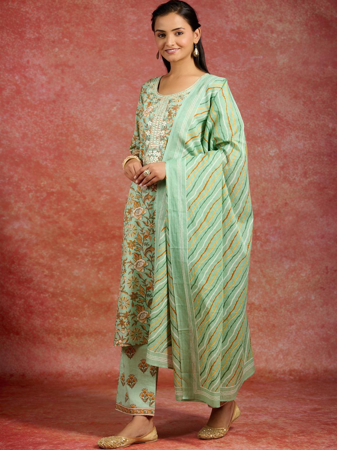 Green Printed Cotton Straight Kurta With Trousers & Dupatta - ShopLibas