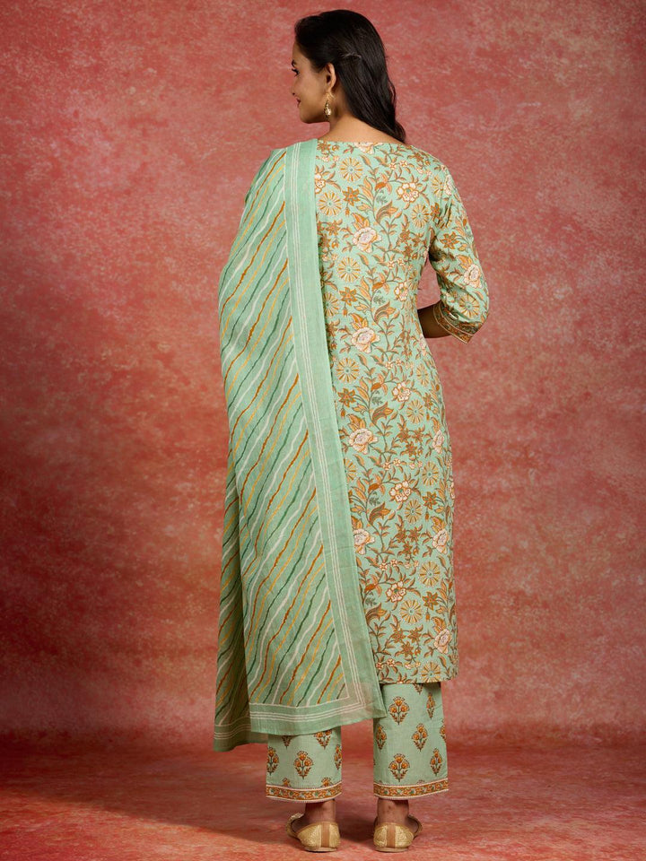 Green Printed Cotton Straight Kurta With Trousers & Dupatta - ShopLibas