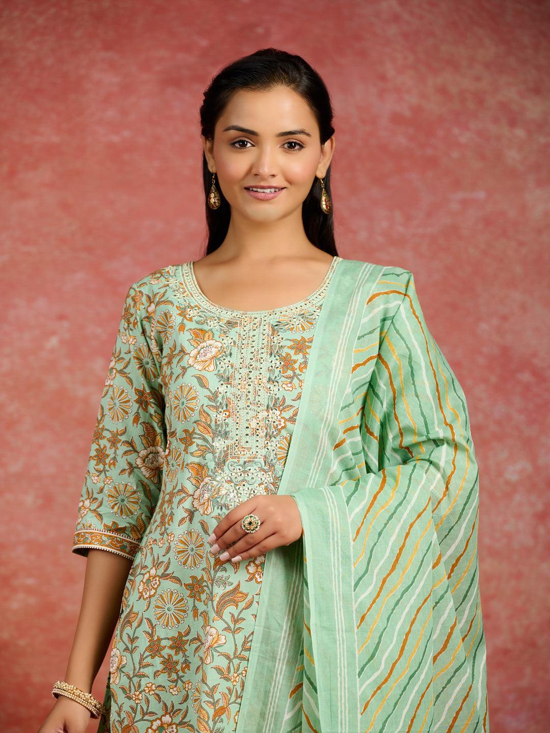 Green Printed Cotton Straight Kurta With Trousers & Dupatta - ShopLibas