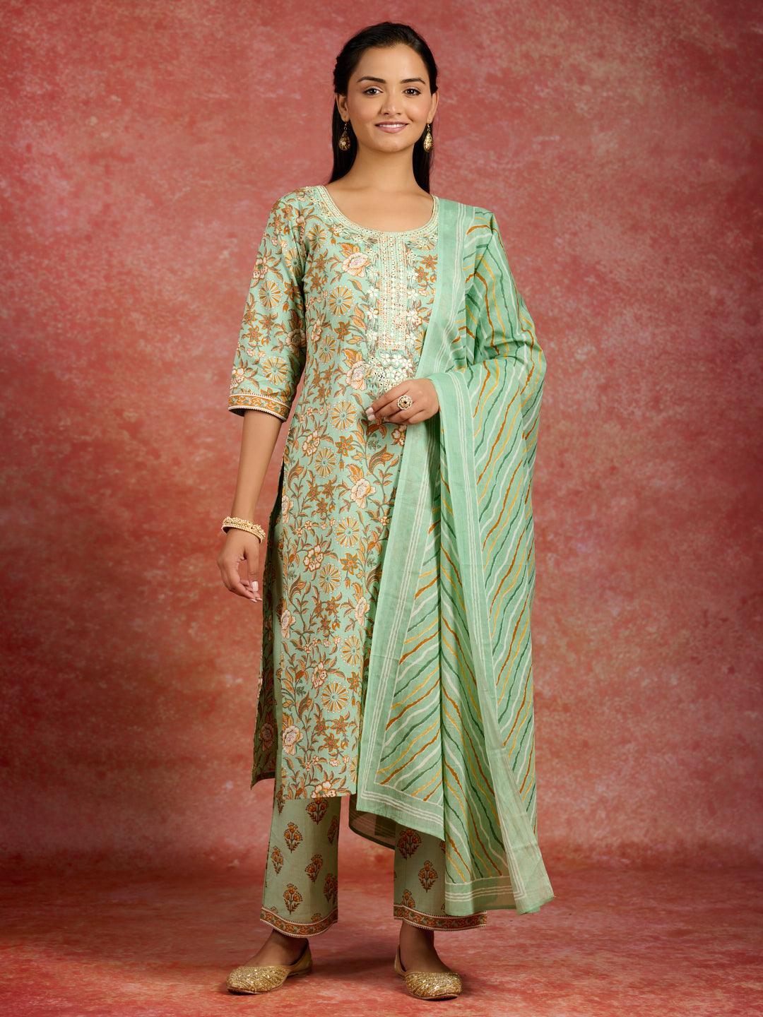 Green Printed Cotton Straight Kurta With Trousers & Dupatta - ShopLibas