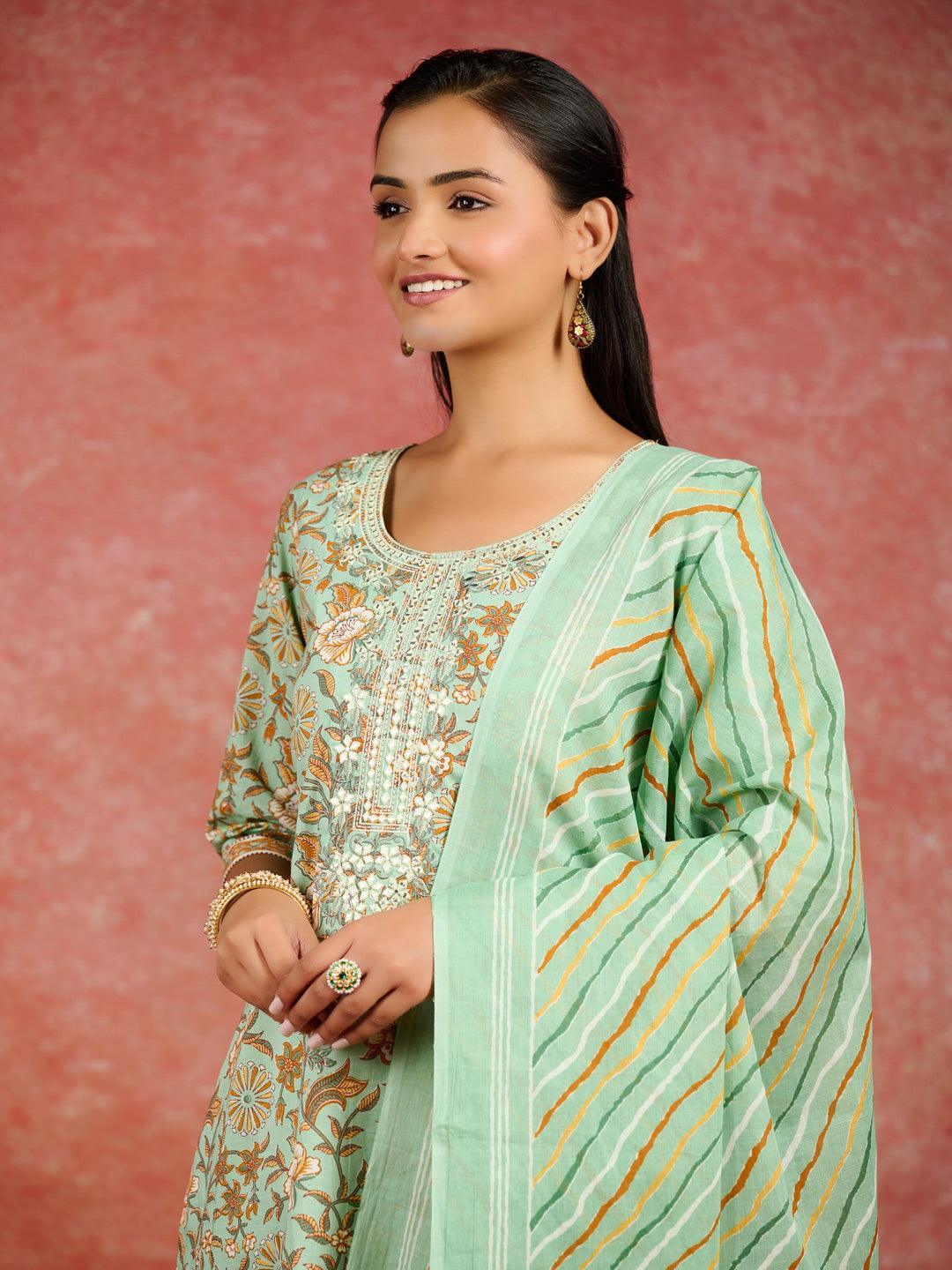 Green Printed Cotton Straight Kurta With Trousers & Dupatta - ShopLibas