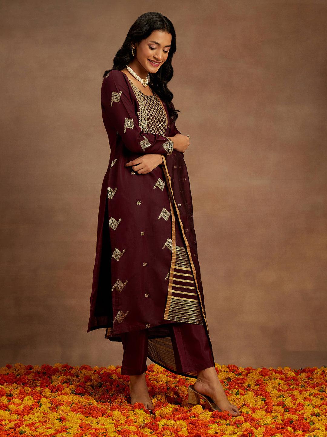 Wine Woven Design Chanderi Silk Straight Kurta With Trousers & Dupatta - ShopLibas